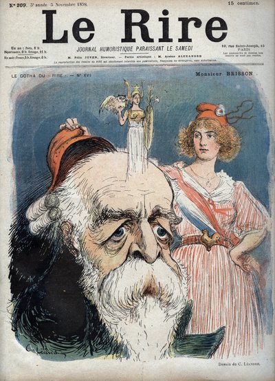 Eugene Henri Brisson (1835-1912), advogado, jornalista e político francês - Marianne levanta um boné vermelho da cabeça de Bresson e da cabeça parece erguer a deusa Atena com todos os atributos - caricatura de Charles Leandre (1862-1934) em "Le Rire" de de Charles Leandre