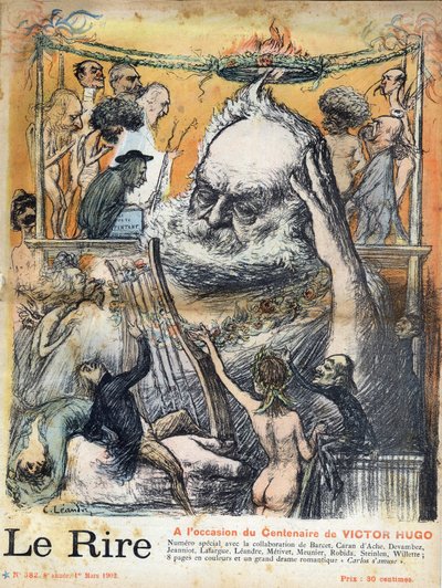 Primeira página do jornal "Le rire" de 1 de março de 1902 dedicada ao centenário do nascimento de Victor Hugo: Victor Hugo cartoon de Charles Leandre - Victor Hugo escritor francês, de Charles Leandre, primeira página do jornal em março de 1902 de Charles Leandre