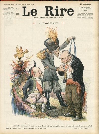 Ilustração de Charles Leandre (1862-1934) para a capa de Le Lire, 25/07/14 - "Encantando Monsieur Viviani para ver tão de perto um socialista, mas se você fosse um súdito russo, não é esse cordão que eu lhe passaria". - A crondstadt - Rússia, Cro de Charles Leandre