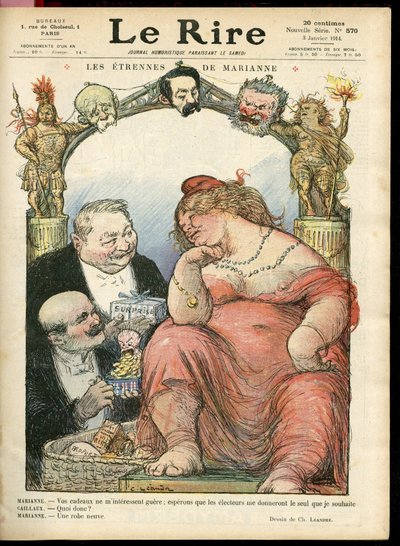 Ilustração de Charles Leandre (1862-1934) para a capa de Le Rire, 03/01/14 - Les strennes de Marianne - Tribuna - Clemenceau George, Jaures Jean, Briand Aristide, Marianne, Caillaux Joseph (1863-1944) de Charles Leandre