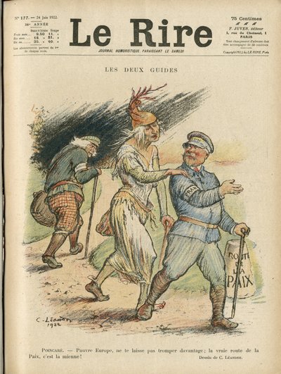 Ilustração de Charles Leandre (1862-1934) para a capa de Le Rire, 24/06/22 - Os dois guias - Inglaterra Grã-Bretanha, Europa, Presidente da República, Paz, Chapeau - Poinsare Raymond, David Lloyd George (1863-1945) de Charles Leandre