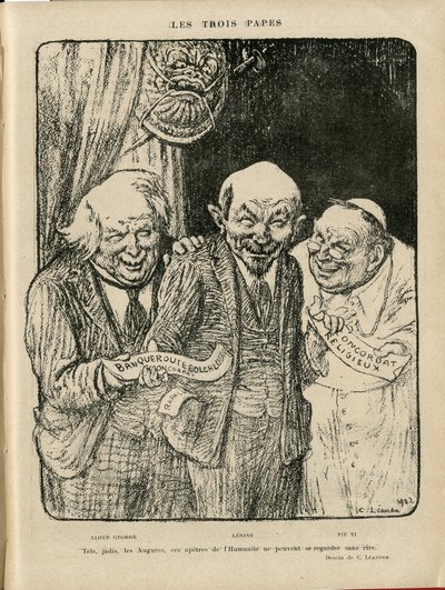 Ilustração de Charles Leandre (1862-1934) em Le Rire, 06/03/22 - Os Três Papas - Inglaterra Grã-Bretanha, U.S.R., Datas de verificação, Reichstag - Lenine, Lloyd George, Pio XI de Charles Leandre