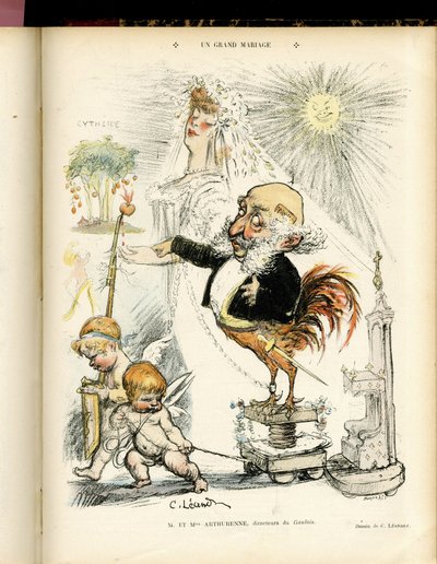 Ilustração de Charles Leandre (1862-1934) em Le Rire, 22/10/04 - Un grand mariage - Casamento - Coq, Meyer Arthur - Animalização de Charles Leandre