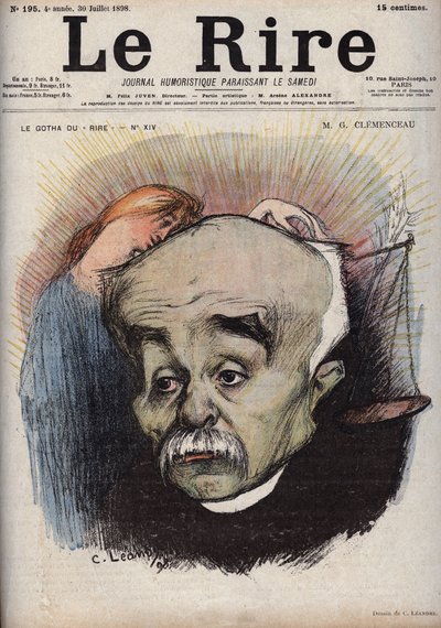 Retrato de Georges Clemenceau (1841-1929) - o saldo refere-se ao jornal "La Justice" e ao seu director, Cornelius Herz, que tinha recebido dinheiro de Clemenceau - caricatura de Charles Leandre (1862-1934) em "Le Rire" de 30 de Julho de Charles Leandre