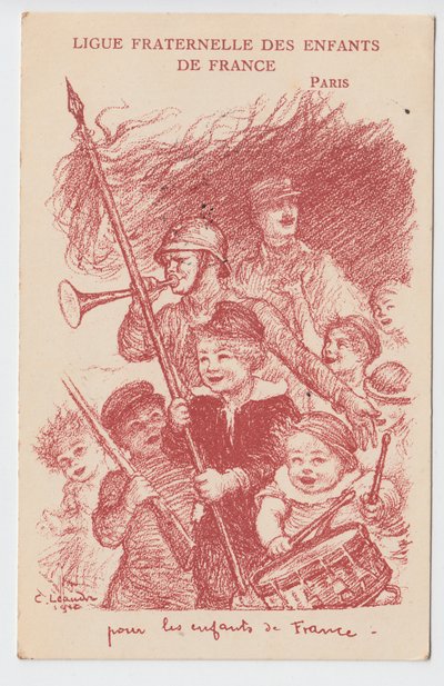 Postal, Satirical in Colours: Ligue fraternelle des enfants de France - Guerra de 14-18, Infância, Journees patriotiques Ilustração de Charles Leandre (1862-1934) de Charles Leandre