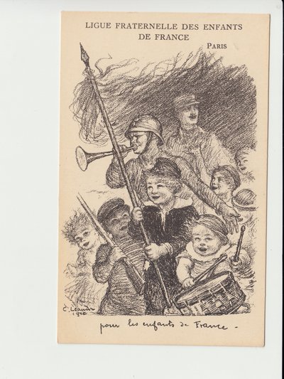 Postcard, Satirical in B&W: Ligue fraternelle des enfants de France - Guerra dos 14-18, Música, Infância, Ligue fraternelle des enfants de France - Ilustração de Charles Leandre (1862-1934) de Charles Leandre