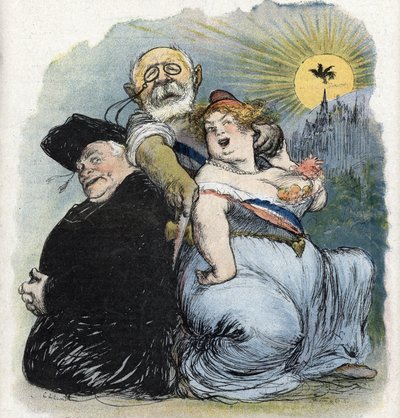 A separação da Igreja e do Estado: "o político francês Jean-Bienvenu Martin (Bienvenu-Martin) (1847-1943), Ministro da Instrução Pública, das Belas Artes e do Culto, procurando desesperadamente separar a Igreja como sacerdote da França (separação francesa  de Charles Leandre