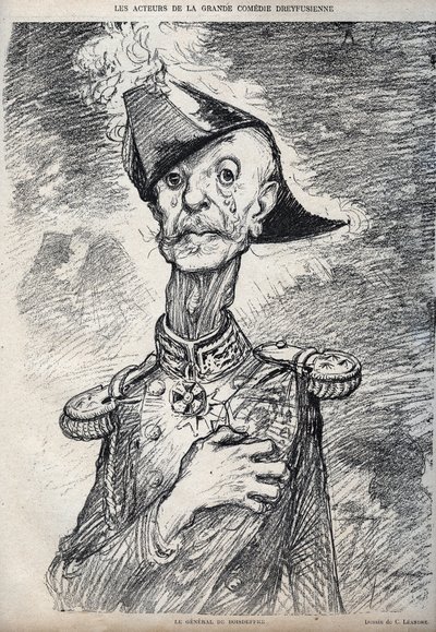 Os atores da grande comédia Dreyfussian - Retrato de Raoul Le Mouton de Boisdeffre (General de Boisdeffre) (1839 -191919), militares franceses - desenho animado por Charles Leandre (1862-1934) em "Le Rire" 1898 de Charles Leandre