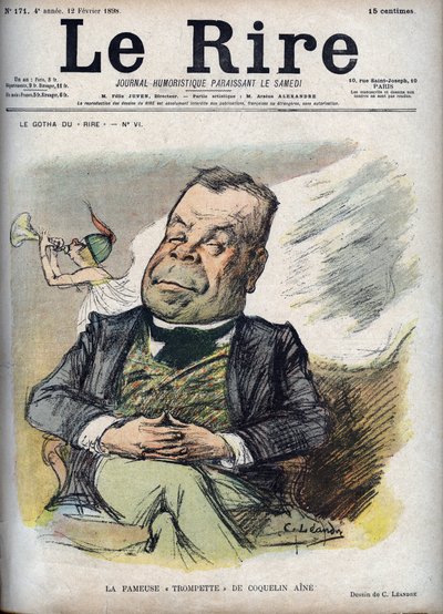 A famosa trombeta da Poppy Aine - Retrato da Poppy Constant chamada Aine Poppy (1841-1904) - - caricatura de Charles Leandre (1862-1934) em "The Laughter" de 12 de Fevereiro de Charles Leandre
