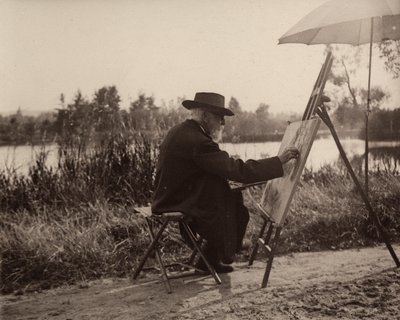 O pintor Lhermitte Léon (1844-1925), enquanto trabalhava no banco lateral de Marne, não muito longe de sua propriedade, por volta de 1914-1915, França de Charles Lhermitte