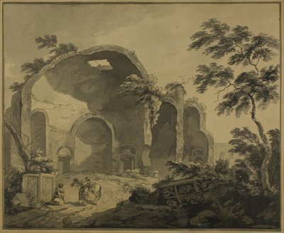 Ruínas romanas com dois camponeses a conversar em primeiro plano de Charles Louis Clerisseau