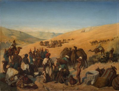 Parada das caravanas nos poços de Saba Beersheba, no deserto ao sul de Hebron, 1850. de Charles Louis Fredy de Coubertin