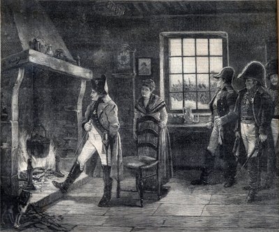 Imperador Napoleão I aquecendo-se por um fogo de lenha numa paisagem de neve - Napoleão após a Batalha de Waterloo em 1814 - gravura após a pintura de Charles Louis (Charles-Louis) Kratke (1848-1921) de Charles Louis Kratke