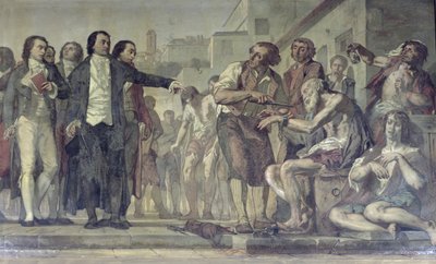 Philippe Pinel 1745-1826 liberando lunáticos de suas cadeias no asilo Bicetre em Paris em 1793, c.1840-50 óleo sobre tela detalhe de 163956 de Charles Louis Lucien Muller