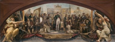 Esboço para o Pavilhão Denon no Louvre: Les quatre âges artistiques de la France - Présentation des plans à Napoléon, ca. 1864 (óleo sobre tela) de Charles Louis Lucien Muller