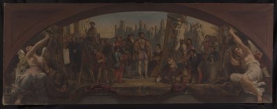 Esboço do Pavilhão Denon no Louvre: Les quatre âges de la vie artistique en France - Apresentação a Francisco I dos projectos para o Castelo de Fontainebleau, cerca de 1864 (óleo sobre tela) de Charles Louis Lucien Muller
