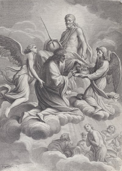 São Luís da França recebido no céu por Cristo e dois anjos que lhe oferecem o c..., 1671-80. de Charles Louis Simonneau