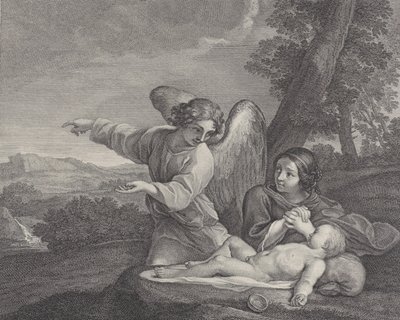 O anjo aparecendo a Hagar no deserto enquanto ela cruza as mãos ao lado do sono..., 1700-28. de Charles Louis Simonneau