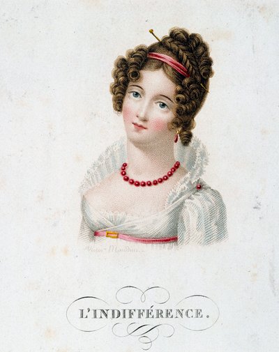 A indiferença Uma jovem mulher vestida com a moda Primeiro Império. Litografia de Victor Mauduit (1788-?) Paris do século XIX, artes decorativas de Charles Louis Victor Mauduit