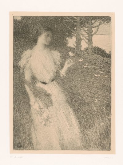 A mulher deixa as pétalas de flores soprar ao vento de Charles Lucien Leandre