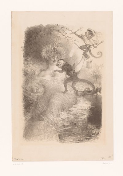 Mulher com globo terrestre, pilhas de papéis e dois macacos de Charles Lucien Leandre