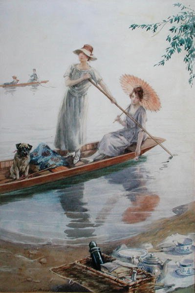 Duas meninas com o seu animal de estimação remando de volta para o seu piquenique (aguarela no papel) de Charles MacIvor or MacIver Grierson
