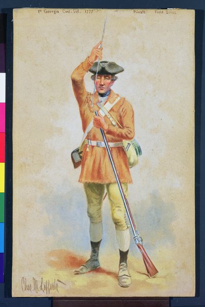 Uniformes da Revolução Americana: 1777 Vestido de Campo Privado da 1ª Infantaria Continental da Geórgia (guache e wc no papel) de Charles MacKubin Lefferts