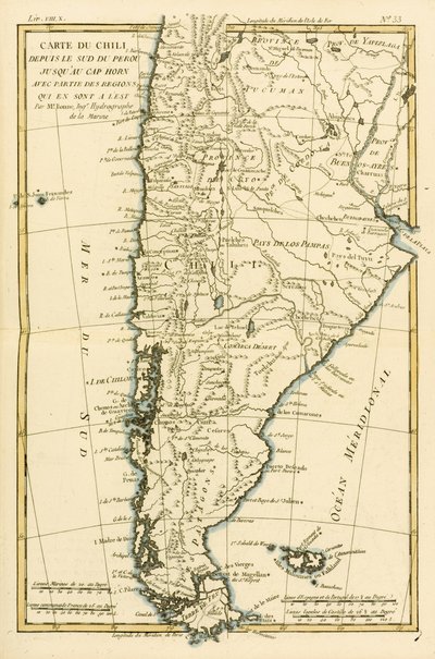Chile, do sul do Peru ao Cabo Horn, de "Atlas de Toutes les Festes Connues du Globe Terrestre" de Guillaume Raynal (1713-96) publicou Genebra, 1780 de Charles Marie Rigobert Bonne