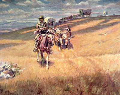 "Quando os trilhos dos vagões eram escuros" (óleo sobre tela) de Charles Marion Russell