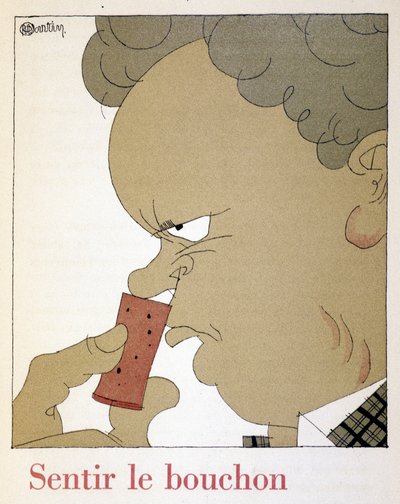 Sentir a cortiça - em "Monseigneur le vin", desenho de Charles Martin (1884-1934), fascicle des Etablissements Nicolas de Charles Martin