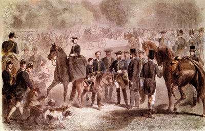 Napoleão III: O encontro de caça decorreu no Poço do Rei perto da floresta de Compiegne durante a estadia do Rei Guilherme III (1817-1890). Gravura colorida de C. Maurand e G. Janet depois de Fortris publicada em "The Monde illustrious" em 26/10/1861. Dim. de Charles Maurand