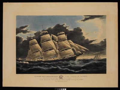 O navio Clipper Dreadnought ao largo do farol de Tuskar, a 12 1/2 dias de Nova Iorque, na sua célebre passagem para a doca de Liverpool em 13 dias e 11 horas de dezembro de 1854... (litografia, colorida) de Charles & Mcfarlane Duncan (1818 1865) Parsons