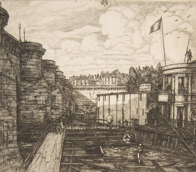 Bain-froid Chevrier O estabelecimento de banho frio de Chevrier, ou The School Baths, Paris, 1864. de Charles Meryon