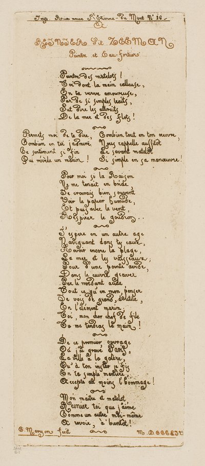 Versos dedicatórios de Meryon a Reinier Nooms, chamado Zeeman de Charles Meryon