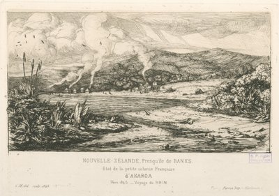 Estado da pequena colónia francesa de Akaroa, ilustração de "Etchings of the Pacific... de Charles Meryon