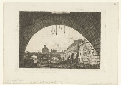 Gezicht op Pont-Neuf van onder boog Pont-au-Change em Paris A Pont Neuf e a Samaritaine sob o primeiro arco da Pont au Change de Charles Meryon