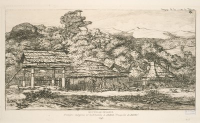 Espigueiros e habitações nativas em Akaroa, Península de Banks, ilustração de "Etchings of the Pacific". de Charles Meryon