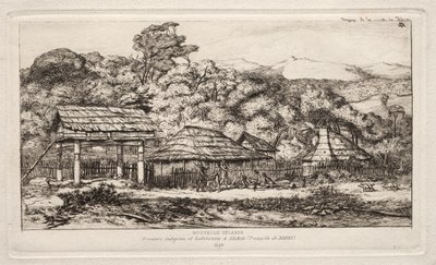 Celeiros e cabanas nativas em Akaroa, península de Banks, 1845 de Charles Meryon