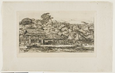 Celeiros e cabanas de nativos em Akaroa, Península de Banks, 1845 de Charles Meryon