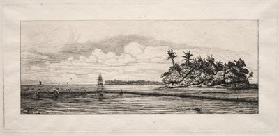Oceania: Pescar perto de ilhas com palmeiras no grupo Uea ou Wallis, 1863. de Charles Meryon
