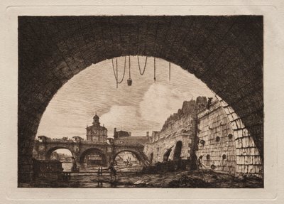 A Ponte Nova e o Samaritaine, vistas de baixo do Primeiro Arco ..., 1855. de Charles Meryon
