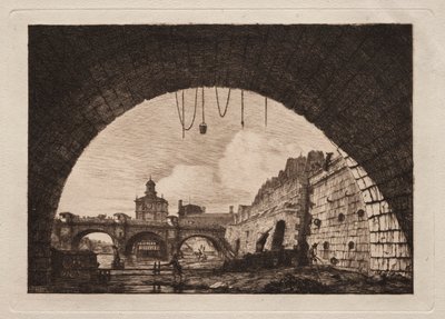 A Nova Ponte e a Samaritaine vista sob o Primeiro Arco da Ponte Exchange, Paris de Charles Meryon