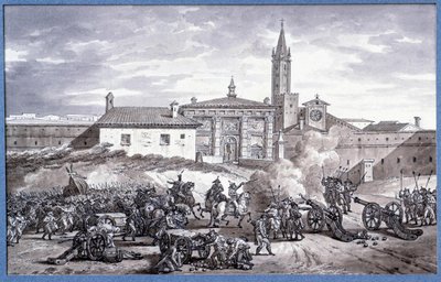 Campanhas da Itália: "Napoleão Bonaparte (1769-1821) e Marechal Augereau colocaram uma porta de Verona na Itália com um canhão em 1796" Desenho na caneta atribuído a Charles Meynier (1768-1832). Dim. 0,25x0,4 m. Paris, Museu do Louvre de Charles Meynier