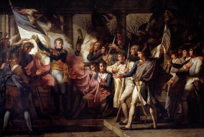 O Marechal Michel Ney (1769-1815) entregou aos soldados do regimento da 76ª linha, as suas bandeiras encontradas em 7/11/1805 Episódio após a Batalha de Elchingen entre o exército napoleónico e a Áustria. Pintura de Charles Meynier (1768-1832) 1808 Sun. 3 de Charles Meynier