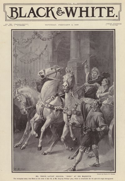 O actor inglês Herbert Beerbohm Tree protagoniza uma produção da peça Nero de Stephen Phillips no Teatro de Sua Majestade, Londres (litho) de Charles Mills (after) Sheldon