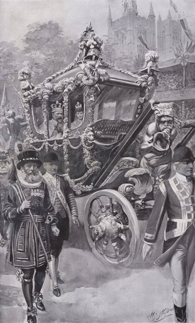 O Rei Eduardo VII e a Rainha Alexandra, no Treinador do Estado, regressam da sua coroação na Abadia de Westminster, Londres de Charles Mills (after) Sheldon