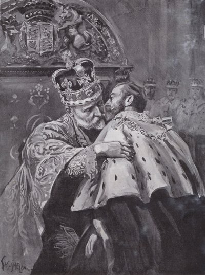 Rei Eduardo VII abraçando seu filho, o Príncipe de Gales, na coroação do rei, Abadia de Westminster, Londres de Charles Mills (after) Sheldon