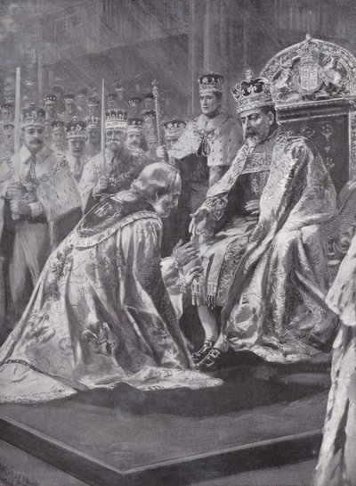 Homenagem do Arcebispo de Canterbury na coroação do Rei Eduardo VII, Abadia de Westminster, Londres, 1902 de Charles Mills after Sheldon