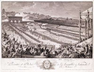 Festival da Federação, 14 de julho de 1790, no Champ de Mars, final do século XVIII, gravado por Isidore Stanislas Helman (1743-1809) de Charles Monnet
