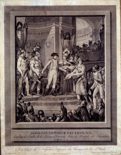 Napoleão distribuindo as estrelas da Legião de Honra aos Inválidos 26 mensageiro e XII. Gravura de Charles Monnet (1732 - Ap 1808) de Charles Monnet